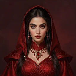 head-on centered symmetrical painted portrait, Mahira Khan as a D&D wizard, intricate red fantasy robes, fantasy, intricate, elegant, highly detailed, digital painting, smooth, sharp focus, illustration, dramatic lighting, artstation, in the style of Artgerm and Anna Podedworna and Alex Ross