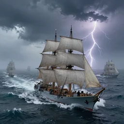 fleet of fast and small sailing attackships raging sea foggy dramatic action scene lightningstorm background shipfleet on the horizon, high detail, octane render, intricate details, volumetric lighting, 8 k