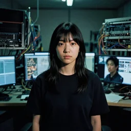 portrait of lain iwakura, background room full of cables and computers by yoshitoshi abe, ruan jia and joao ruas. atmospheric