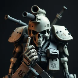 combat android, gun for a head, katana arms, skeletal face, military prototype, photography