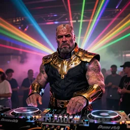photo of Thanos is djing at an underground warehouse rave, he is looking very worried. award winning, atmosphere, coloured lasers and stage lighting, stage smoke, 1x