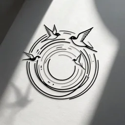 a beautiful tattoo design of minimalist flying swallows made with lines and simple shapes, flying into geometric spirals, black ink, abstract logo, line art