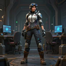 character art of a female engineer wearing high-tech overalls, goggles on her forehead, toolbelt, heavy-duty boots, gloves, videogame character, Starcraft 2, Mass Effect, highly detailed full-body art, futuristic, serious, concentrated, industrial aesthetic, highly detailed, photo realistic, technical atmosphere, 8K, octane render, unreal engine