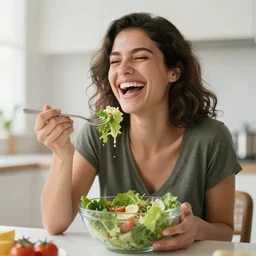 Woman laughing and eating a salad, stock photo