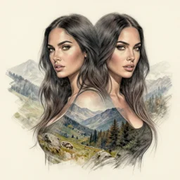 realism tattoo sketch of double exposure megan fox and beautiful mountain scenery, in the style of andrey lukovnikov