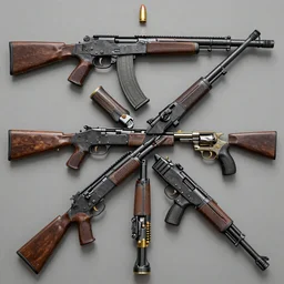kaleidoscope of machine guns, shotguns, rifles, revolvers, bullets, ultra-realistic, intricate details, 4k