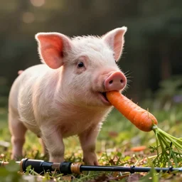 a little pig nibbles on a carrot that he caught on a fishing rod, trending on artstation, highly detailed 8 k, rendered in unreal engine 5, bloom, dramatic lighting