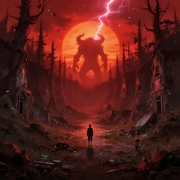 abandoned bloodborne old valley with a person at the centre and a monster at the end of the valley, trees and stars in the background, falling petals, epic red - orange sunlight, perfect lightning, illustration by niko delort, 4 k, ultra realistic