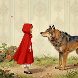 red riding hood meeting the big bad wolf after straying from the path, 1 9 7 0 s, seventies, wallpaper, delicate embellishments, painterly, offset printing technique, by brom, robert henri, walter popp