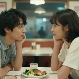 movie interior closeup beautiful Japanese couple closeup sitting and talking at 50s diner, night in the city, beautiful skin, by Emmanuel Lubezki