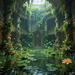 A flooded ballroom overgrown with aquatic plants, flowers, lily pads, vines, majestic, dramatic lighting, digital art, trending on Artstation