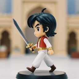 side view of aladdin as nendoroid walking with arabic sword, 8 k hd dof, kodak film,