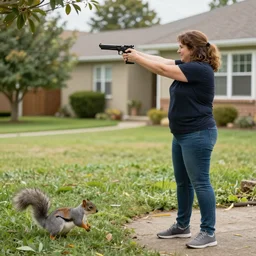 a well endowed suburban mom shooting a handgun at giant squirrels in her front yard, high quality, photo,