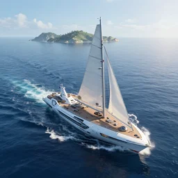 a futuristic boat sailing in a vast ocean : : island in the distance, ultrafine highly detailed hyper illustration, sharp focus, unreal engine highly rendered, global illumination, radiant light
