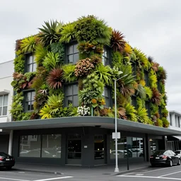 a new zealand city street where every building is covered in living walls made of nz native plants