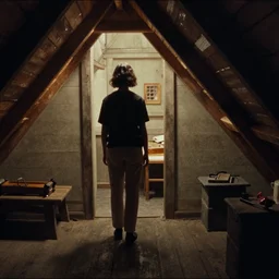 7 0 s film still from a horror movie about a person who lives in an attic, kodachrome, cinecolor, cinestill, film grain, film texture, retro, cinematic, high resolution, photorealism,