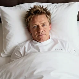 highly detailed image of gordan ramsay tucked into bed, cute, adorable