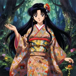 anime key visual of amora the enchantress wearing intricate ornate kimono!! intricate, latino, magical forest, stunning, highly detailed, digital painting, artstation, smooth, hard focus, illustration, art by artgerm and greg rutkowski and alphonse mucha