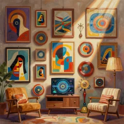 a wall of retro and vintage items, funky and groovy 7 0 s things, abstract art deco furnature, highly detailed digital painting, concept art by yongfei liu, alben tan, vance kocas, octane rendered, low angle, god rays, cg society, unreal engine