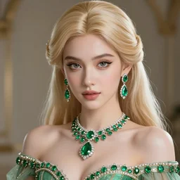 wonderful princess with smooth fair skin, alluring eyes, green jewelry, breathtaking, elegant, intricate, hyper detailed, accent lighting, 4 k glamour photography, octane render