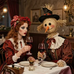 a scarecrow and his wife are drinking red wine in a fancy restaurant. folk horror art style. colours. highly detailed