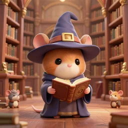 cute chibi rat wizard, wizard hat, old wizard robe, reading ancient book, inside vast library with big bookshelves, 3 d sculpture, 3 d cg, pixar