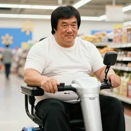 portrait of an overweight bruce lee riding a mobility scooter at walmart