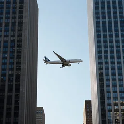 award winning photo of an airliner flying between two skyscrapers, centered in the photo, new york city, 5 0 mm
