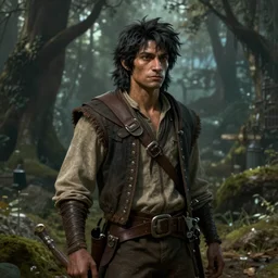 A fantasy comic book style portrait painting of a jack black as a slender hobbit in a atmospheric forest setting, unreal 5, DAZ, hyperrealistic, octane render, RPG portrait, ambient light, dynamic lighting