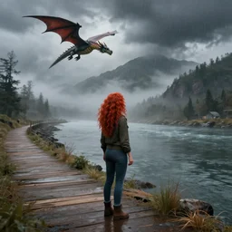 a woman with curly long redhair standing in a boardwalk besides a river looking at a dragon flying out of the mountains in a fog during a thunderous weather. Unreal Engine 3D Render