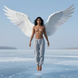 angel avan jogia with white-gray wings. shirtless and sweatpants. Floating above frozen landscape. Smooth brown skin. Long black hair. Distant full body shot. Artwork by Alex Ross