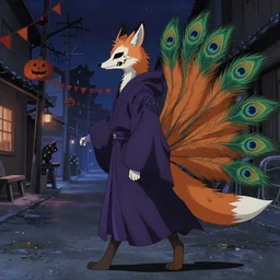 an anime about an undead fox animal with exposed skull for a face nongraphic, 9 peacock tails, magical mage robes and walking through an empty street alone at night, halloween decorations, wonder, anime, furry, side profile, peaceful, vhs, art by yuji ikehata