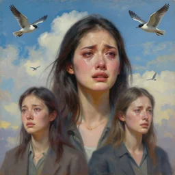 3 d, crying fashion model, sky, birds, poster art, high detail, intricate oil painting, multiple exposure, heaven mood, hyperrealism, 3 d, by stanley kubrick mood and tooth wu and wlop and beeple and greg rutkowski