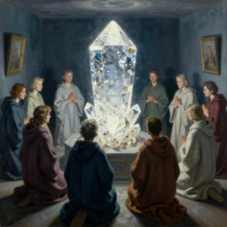 worshippers in robes belonging to the cult of the crystal light gather inside a small room around the big glowing crystal, big glowing crystal radiating white light, small room, interior, beksinski painting, part by adrian ghenie and gerhard richter. art by takato yamamoto. masterpiece, deep colours