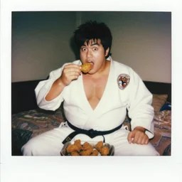 fat street fighter ryu wearing a gi startled to be caught eating fried chicken in his bedroom, eighties polaroid, flash photography, photorealistic, kodachrome