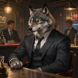 photograph of a male anthropomorphic wolf fursona wearing a suit and tie in a cyberpunk dive bar, deep focus, intricate, elegant, highly detailed, digital painting, artstation, concept art, matte, sharp focus, illustration, d & d, fantasy, hearthstone, art by artgerm and greg rutkowski and alphonse mucha