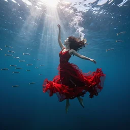 manshaped swirling smoke beside woman dancing underwater wearing a flowing red dress made of seaweed, large school of tiny silver fish in the background, octane render, caustics lighting from sunlight above, cinematic