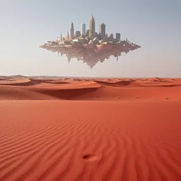 a red sand desert seen from a distance, with a floating city above it, hyper realistic