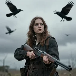 a beautiful woman has a rifle. there are ravens in the sky. folk horror. realistic