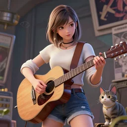 highly detailed digital art, a girl playing guitar beside cat, cg society, artstation, coherent, octane render, comic book