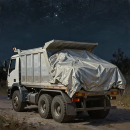 classic oil painting, a dump truck inside a large bed half way under the covers, night time, night sky, stars above, dark candle light, as a dnd character, cottagecore, highly detailed, digital illustration, concept art, smooth, sharp focus, art by greg hildebrandt, and tim hildebrandt