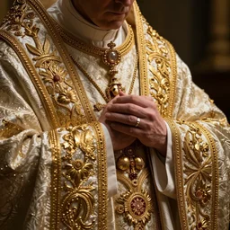 worship of the pope, royal robe, gold trim, mysticism, close - up, light effect, hyper detailed, intricate, atmospheric, elegant, photorealistic by paul lehr, marco mazzoni, featured on cgsociety, rococo, whimsical, artstation