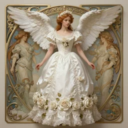 angel dressed in a victorian roses white dress fashion, D&D, fantasy, intricate, elegant, highly detailed, digital painting, artstation, concept art, matte, sharp focus, illustration, art by Artgerm and Greg Rutkowski and Alphonse Mucha