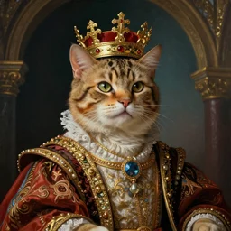 A renaissance portrait painting of a cat king with his crown and in his royal robe. Attention to detail. Vibrant bright colours. High saturation. Extremely moody lighting. Atmospheric. Cinematic. Intricate. 8K. Stunning. Breathtaking. Awe-inspiring. Award-winning. Trending. ArtStation