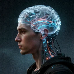 a man transcending his humanity by means of mind uploading, detailed fantasy scifi art trending on ArtStation, HD, 4k