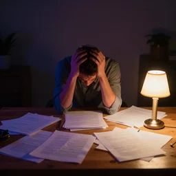 writer struggling, embracing head in own hands, wide shot, front view, papers on table, colorful, night lighting, dark room, tiny source of lighting, table lamp, warm colors, cinematic composition, lighting by rembrandt, chaos on table