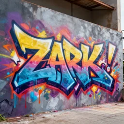 ' zark '!!!!!!! 3 d graffiti, in the style of daim and peeta, arrows, paint drips, extreme wide angle, gradients, depth, shadows, volumetric light, full mural, octane render 3 d, 4 k, highly detailed