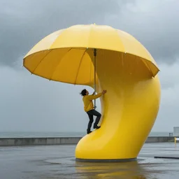 bright yellow aesthetic, imposing by suehiro maruo, by eero saarinen. a photograph of a man caught in a storm, buffeted by wind & rain. he clings to a tree for support, but the tree is bent by the force of the storm. he is soaking wet. his face is contorted with fear & effort.