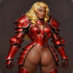Picture of Female Paladin, bulky armor, metallic red, golden hair, dark brown skin, becautiful face, pin-up poster girl, derriere, by wlop, artgerm and genzoman, painting, HD