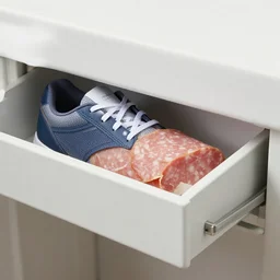 sports shoe, sliding drawer, lunch meat inside, product photo
